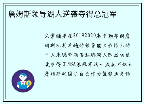 詹姆斯领导湖人逆袭夺得总冠军