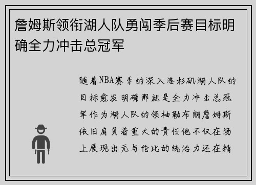 詹姆斯领衔湖人队勇闯季后赛目标明确全力冲击总冠军